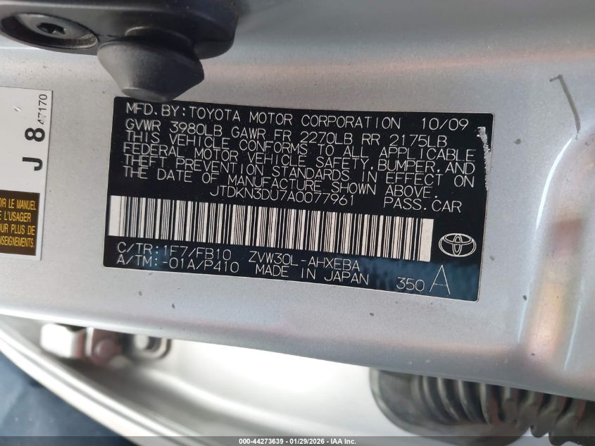 2010 Toyota Prius Ii VIN: JTDKN3DU7A0077961 Lot: 44273639