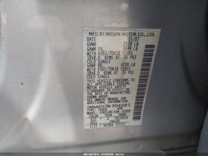 2008 Nissan Titan Xe VIN: 1N6AA07G78N304085 Lot: 44273815