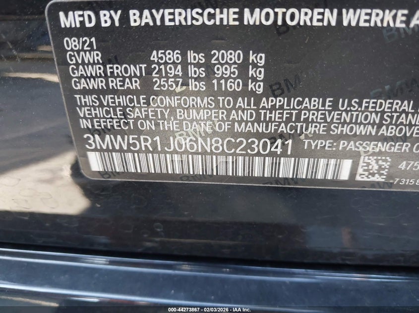 2022 BMW 330I 2.0L I-4 DI, DOHC, V(VIN: 3MW5R1J06N8C23041