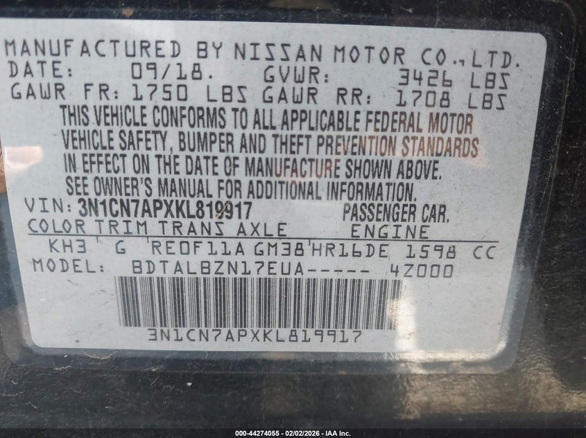 2019 Nissan Versa 1.6 Sv VIN: 3N1CN7APXKL819917 Lot: 44274055