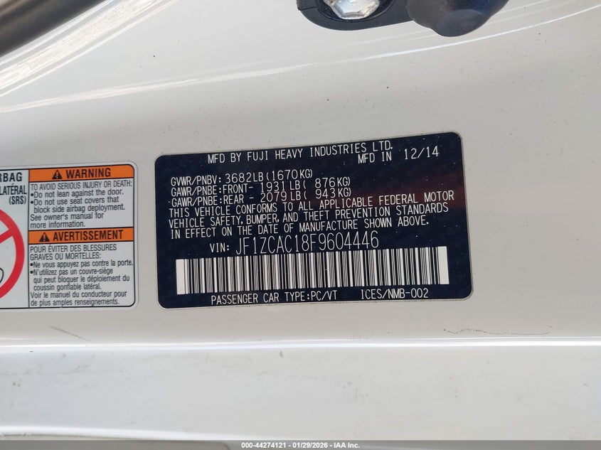 2015 Subaru Brz Limited VIN: JF1ZCAC18F9604446 Lot: 44274121