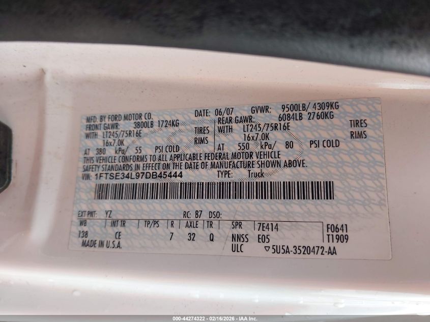 2007 Ford E-350 Super Duty Commercial/Recreational VIN: 1FTSE34L97DB45444 Lot: 44274322