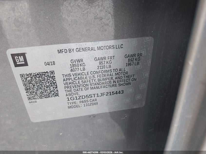 2018 Chevrolet Malibu Lt VIN: 1G1ZD5ST1JF215443 Lot: 44274356