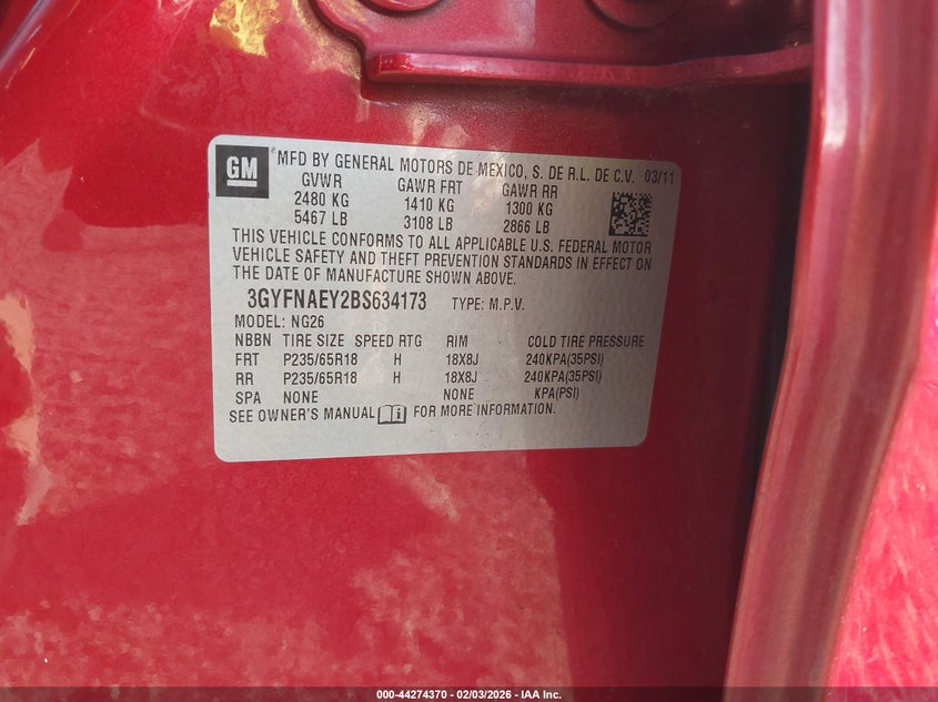 2011 Cadillac Srx Luxury Collection VIN: 3GYFNAEY2BS634173 Lot: 44274370