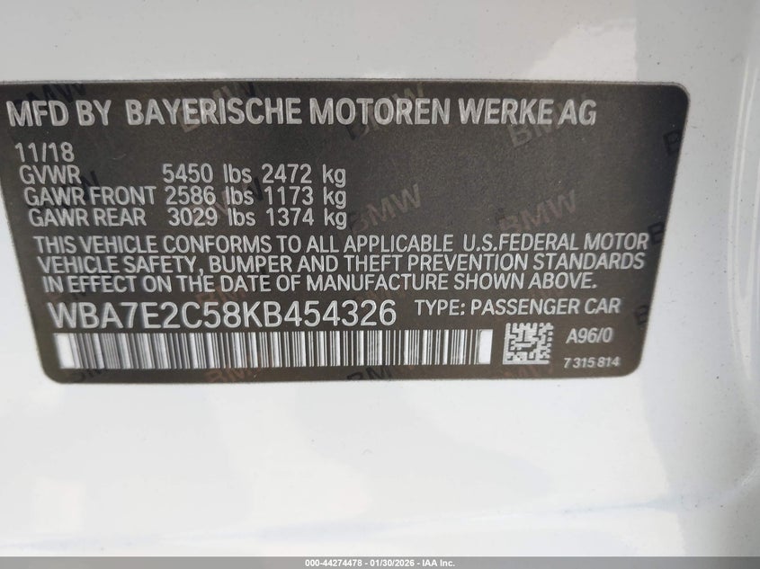 2019 BMW 740I VIN: WBA7E2C58KB454326 Lot: 44274478