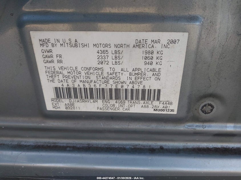 2007 Mitsubishi Galant Es/Se VIN: 4A3AB36F77E074781 Lot: 44274547