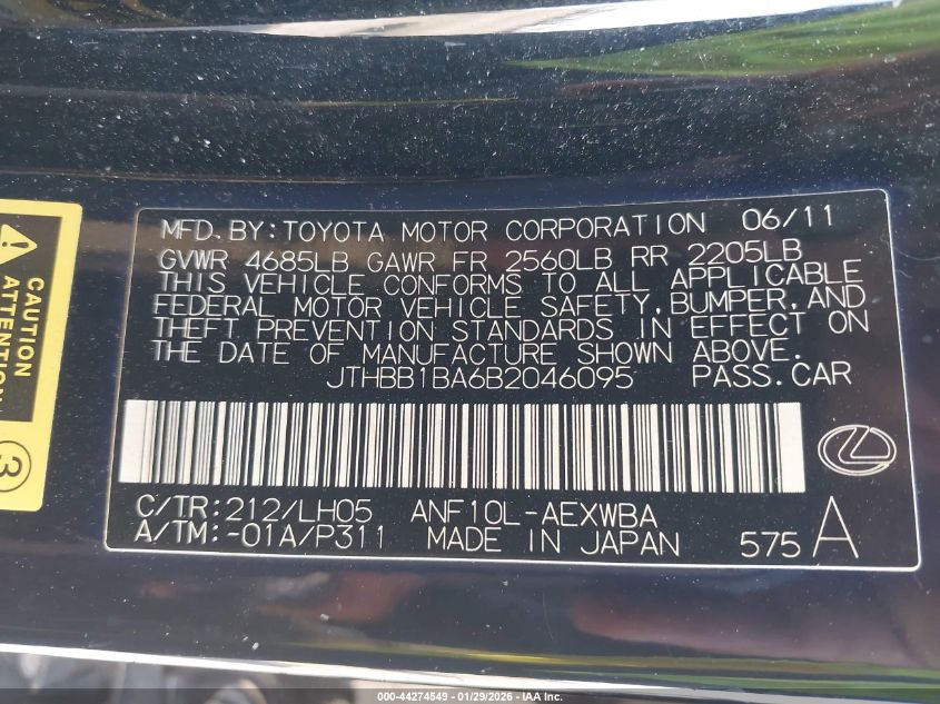 2011 Lexus Hs 250H Premium VIN: JTHBB1BA6B2046095 Lot: 44274549