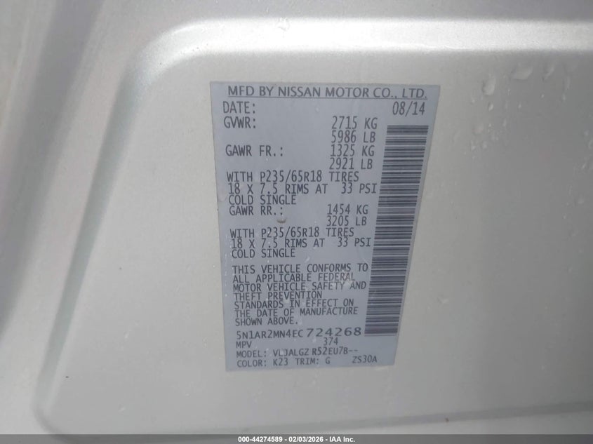 2014 Nissan Pathfinder Sl VIN: 5N1AR2MN4EC724268 Lot: 44274589