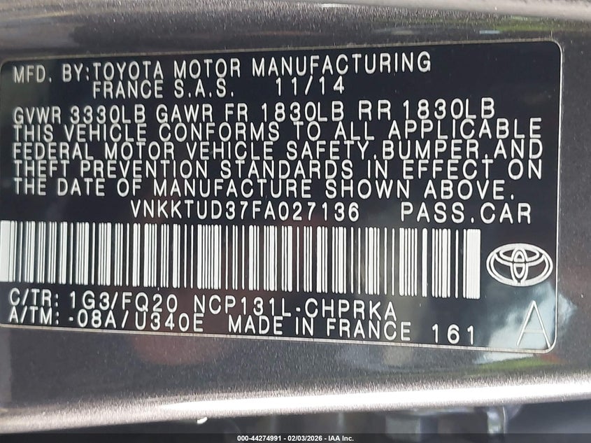 2015 Toyota Yaris L VIN: VNKKTUD37FA027136 Lot: 44274991