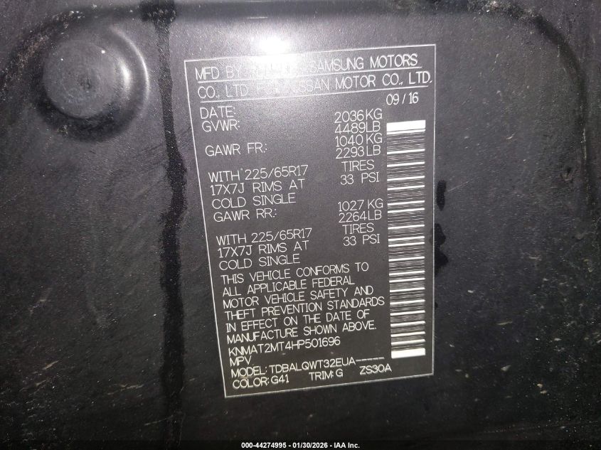 2017 Nissan Rogue Sv VIN: KNMAT2MT4HP501696 Lot: 44274995