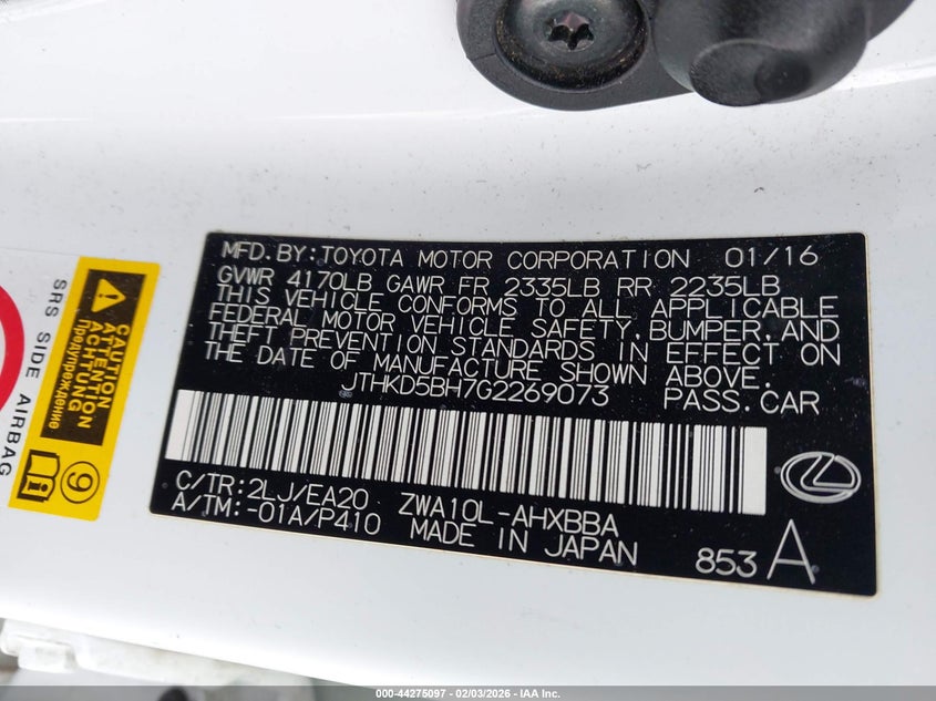 2016 Lexus Ct 200H VIN: JTHKD5BH7G2269073 Lot: 44275097