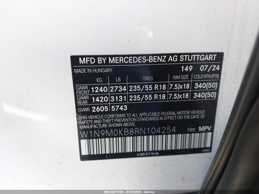 2024 Mercedes-Benz Eqb 300 Suv 4Matic VIN: W1N9M0KB8RN104254 Lot: 44275109