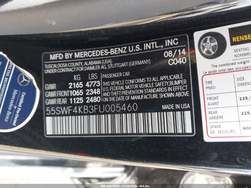 2015 Mercedes-Benz C-Class C 300 VIN: 55SWF4KB3FU005460 Lot: 44275288