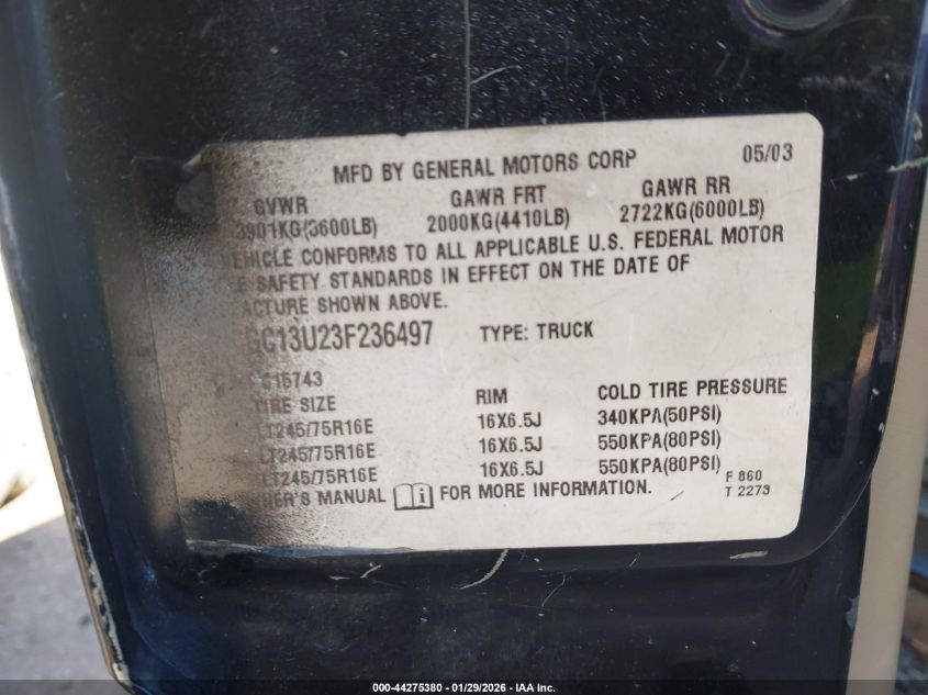 2003 Chevrolet Silverado 1500Hd Lt VIN: 1GCGC13U23F236497 Lot: 44275380