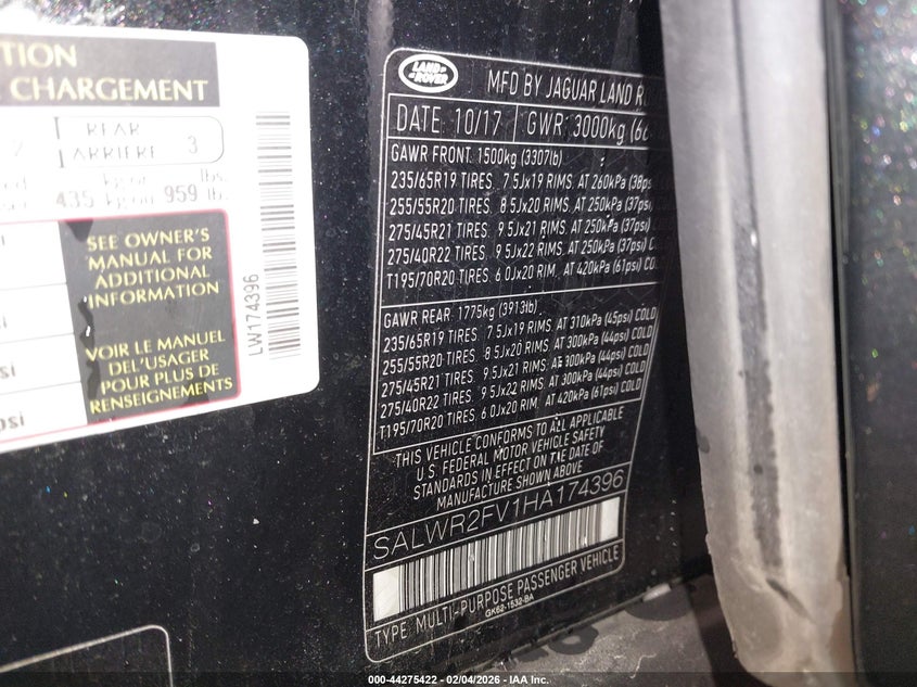 2017 Land Rover Range Rover Sport 3.0L V6 Supercharged Hse VIN: SALWR2FV1HA174396 Lot: 44275422