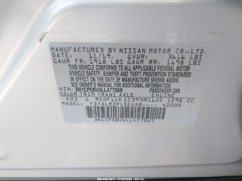 2020 Nissan Kicks S Xtronic Cvt VIN: 3N1CP5BV4LL477569 Lot: 44275471