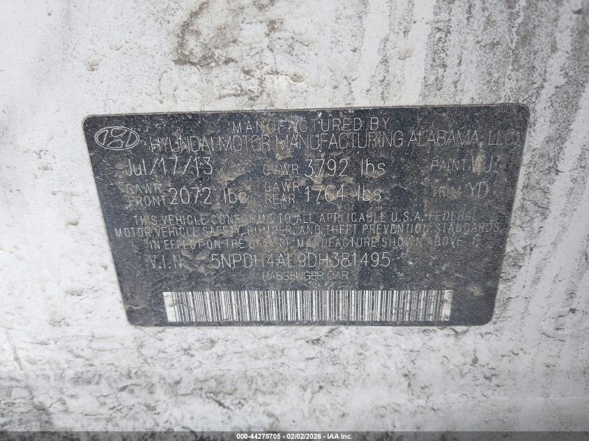 2013 Hyundai Elantra Gls VIN: 5NPDH4AE9DH381495 Lot: 44275705