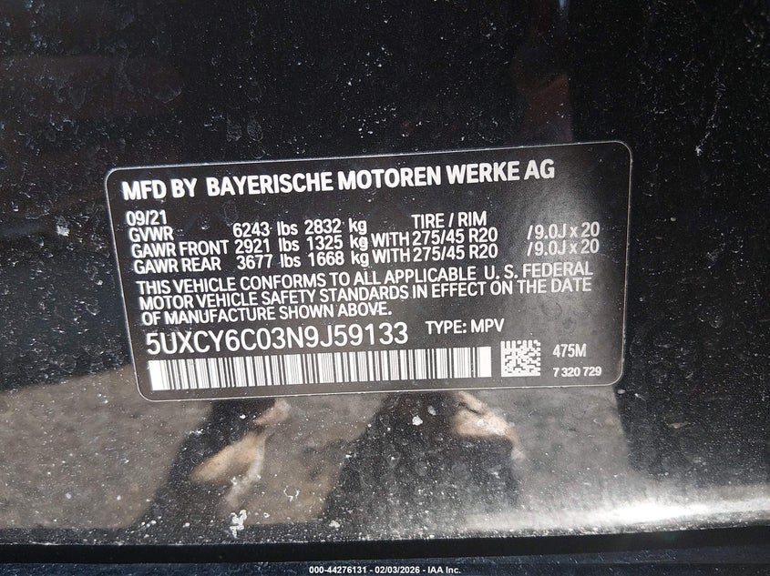 2022 BMW X6 xDrive40I VIN: 5UXCY6C03N9J59133 Lot: 44276131