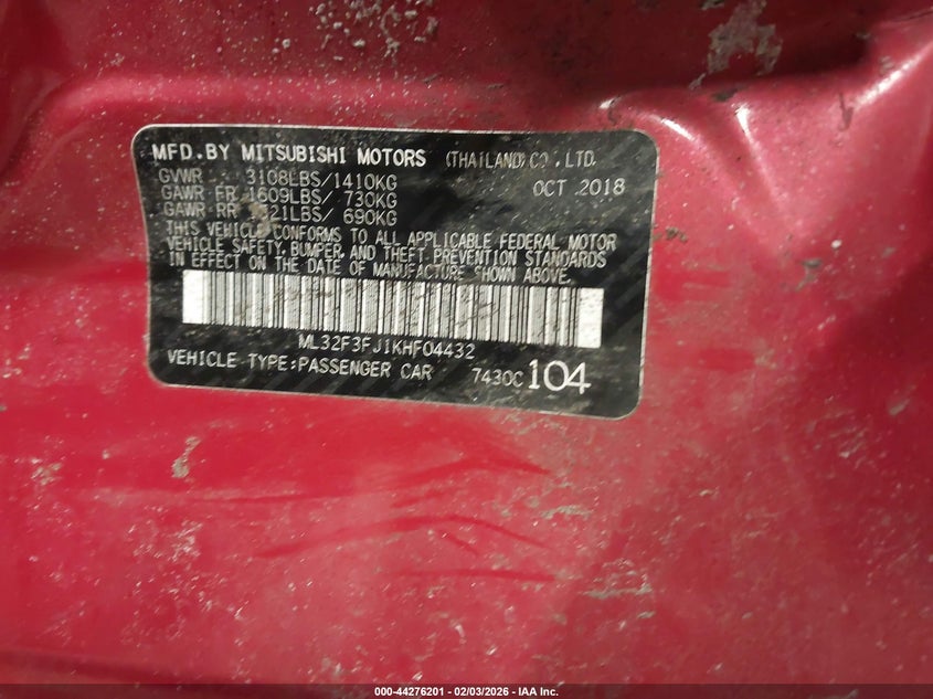 2019 Mitsubishi Mirage G4 Es/Rf VIN: ML32F3FJ1KHF04432 Lot: 44276201