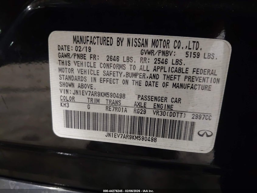 2019 Infiniti Q50 3.0T Luxe VIN: JN1EV7AR9KM590498 Lot: 44276245
