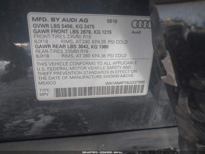VIN WA1ANAFY9J2227695 2018 AUDI Q5 2.0T PREMIUM/2.0T TECH PREMIUM