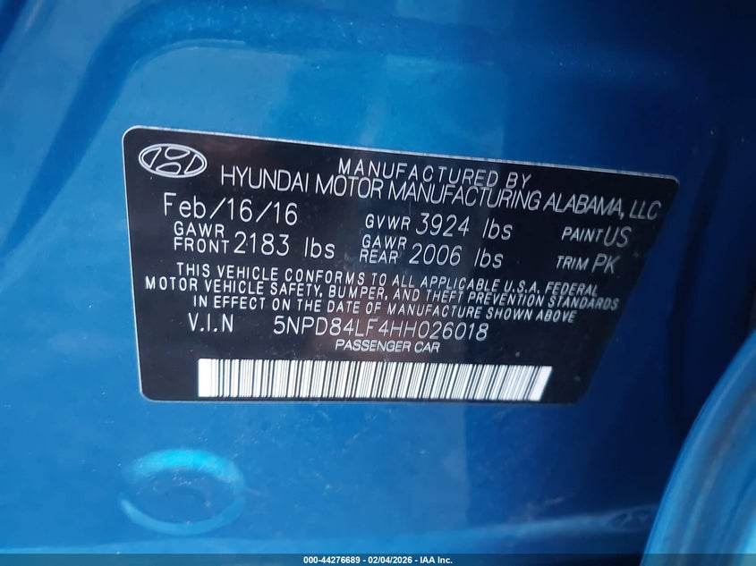 VIN 5NPD84LF4HH026018 2017 HYUNDAI ELANTRA SE
