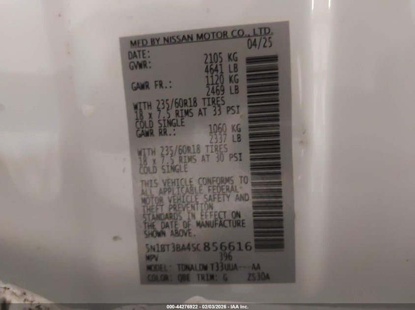 VIN 5N1BT3BA4SC856616 2025 NISSAN ROGUE SV FWD