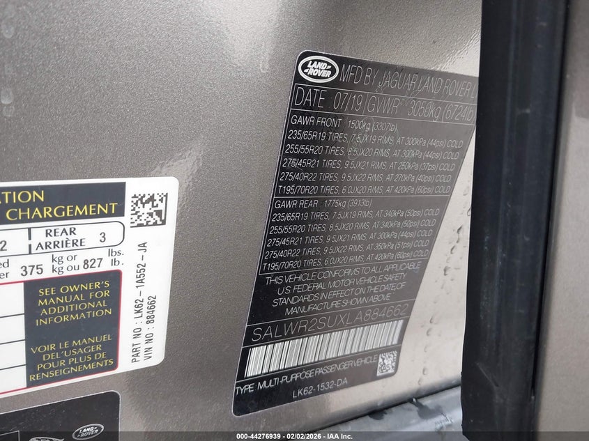 2020 Land Rover Range Rover Sport Hse Mhev VIN: SALWR2SUXLA884662 Lot: 44276939