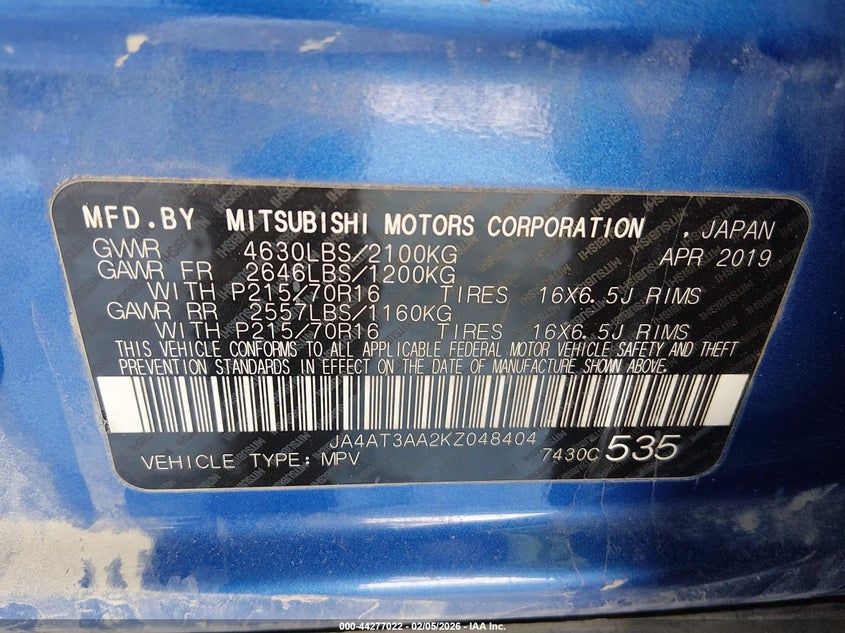 JA4AT3AA2KZ048404 2019 Mitsubishi Eclipse cross 1.5 Es blue