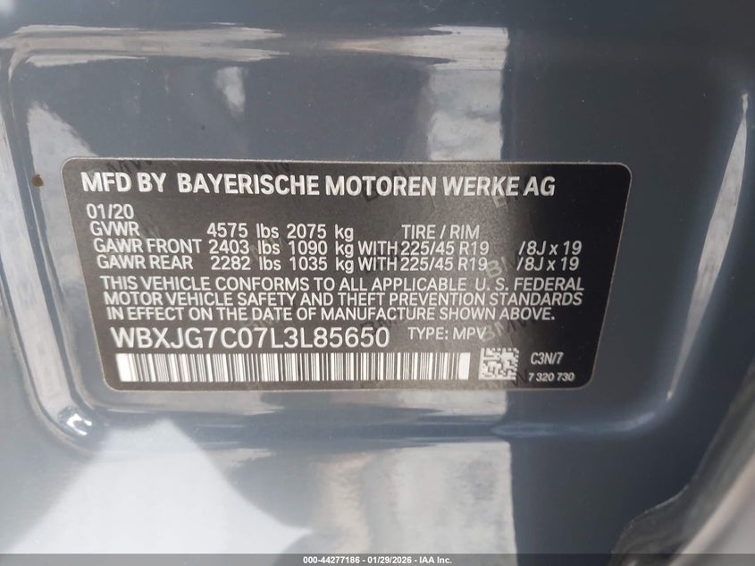 2020 BMW X1 Sdrive28I VIN: WBXJG7C07L3L85650 Lot: 44277186