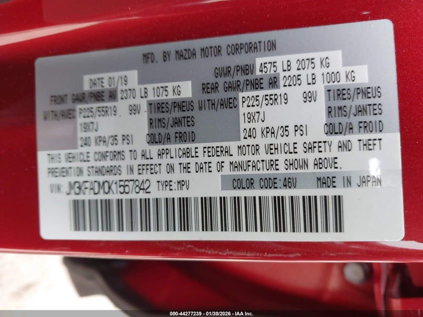 VIN JM3KFADM0K1567842 2019 MAZDA CX-5 GRAND TOURING