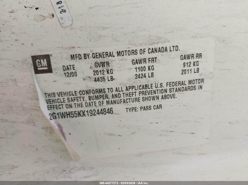 2001 Chevrolet Impala Ls VIN: 2G1WH55KX19244846 Lot: 44277272