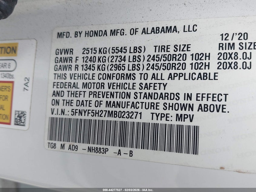 VIN 5FNYF5H27MB023271 2021 HONDA PILOT 2WD SPECIAL EDITION