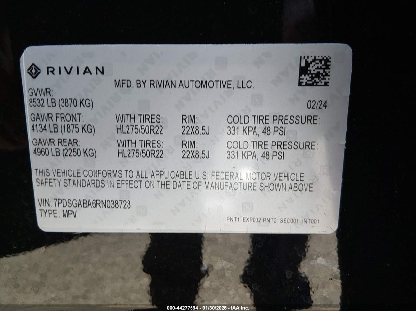 2024 Rivian R1S Adventure Quad Motor Large Pack VIN: 7PDSGABA6RN038728 Lot: 44277594