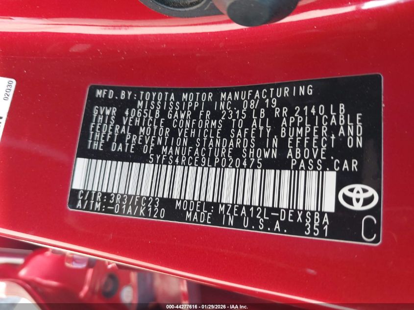 2020 Toyota Corolla Se VIN: 5YFS4RCE9LP020475 Lot: 44277616