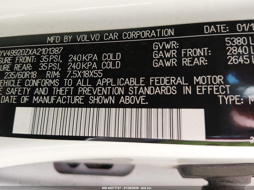 2010 Volvo Xc60 T6/T6 R-Design VIN: YV4992DZXA2101387 Lot: 44277747