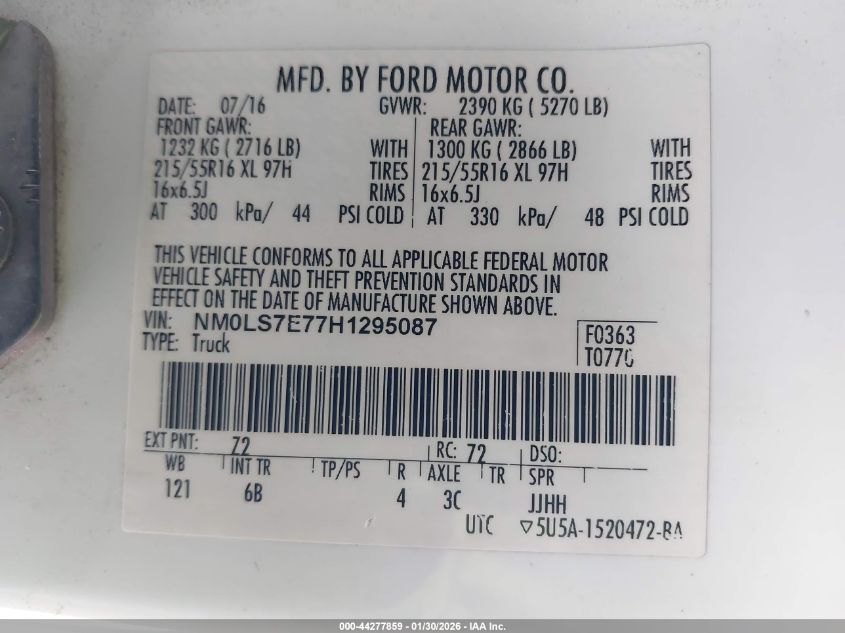 2017 Ford Transit Connect Xl VIN: NM0LS7E77H1295087 Lot: 44277859