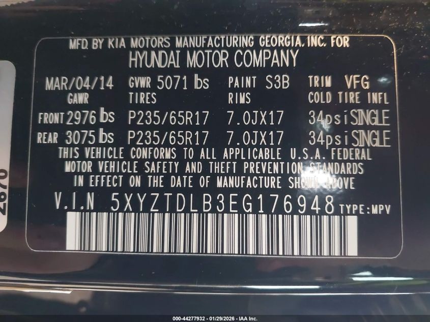 2014 Hyundai Santa Fe Sport 2.4L VIN: 5XYZTDLB3EG176948 Lot: 44277932