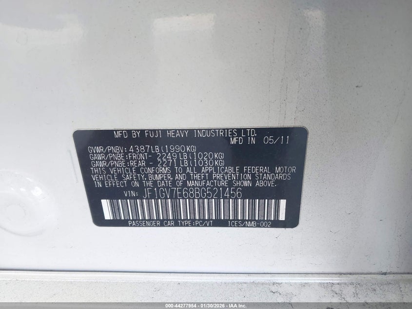 2011 Subaru Impreza Wrx VIN: JF1GV7E68BG521456 Lot: 44277954