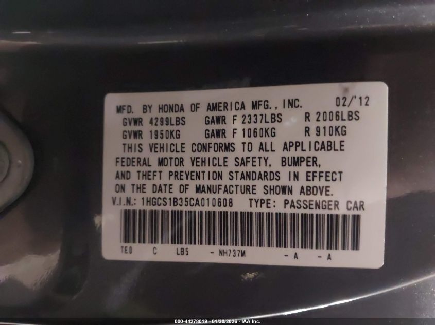 2012 Honda Accord 2.4 Lx-S VIN: 1HGCS1B35CA010608 Lot: 44278019