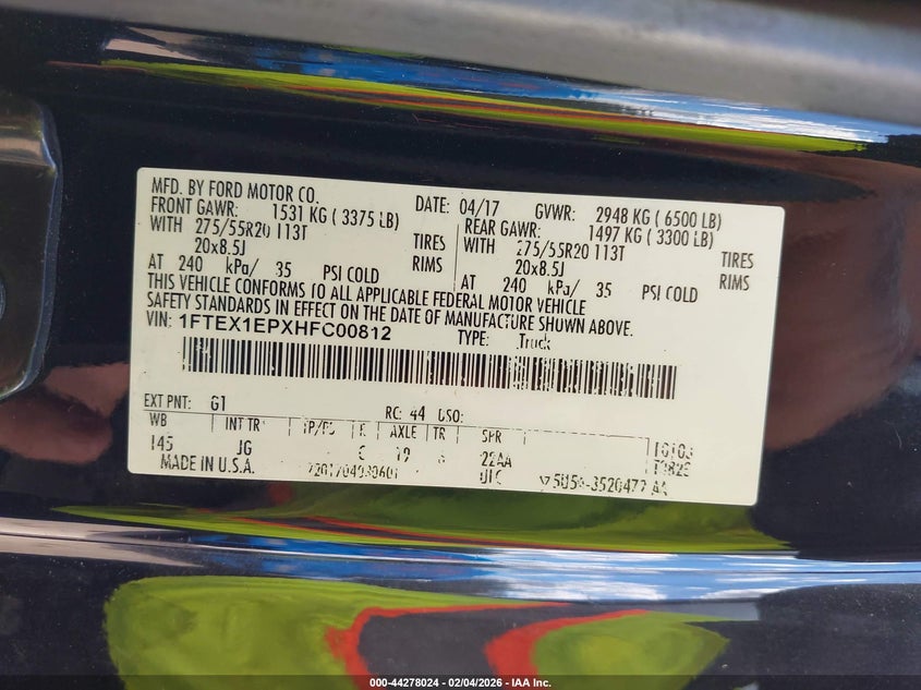 2017 Ford F-150 Lariat/Xl/Xlt VIN: 1FTEX1EPXHFC00812 Lot: 44278024