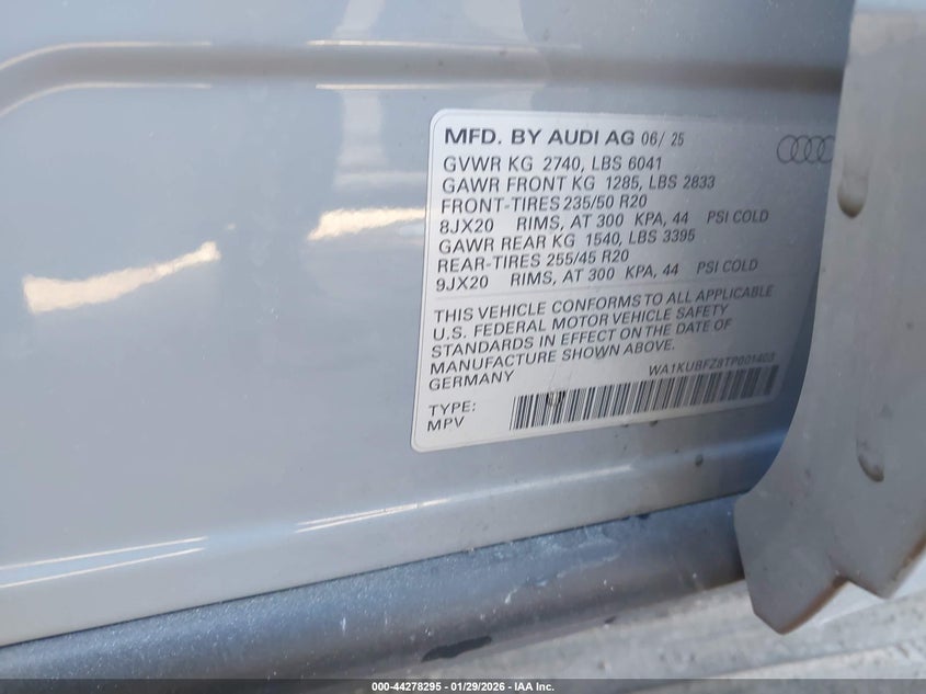 2026 Audi Q4 E-Tron Premium 55 Quattro VIN: WA1KUBFZ8TP001403 Lot: 44278295