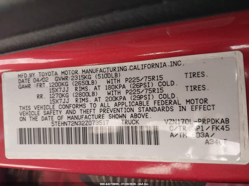 2002 Toyota Tacoma Base V6 VIN: 5TEHN72N32Z073517 Lot: 44278698
