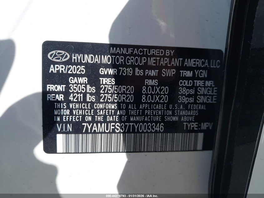 2026 Hyundai Ioniq 9 Sel VIN: 7YAMUFS37TY003346 Lot: 44278793