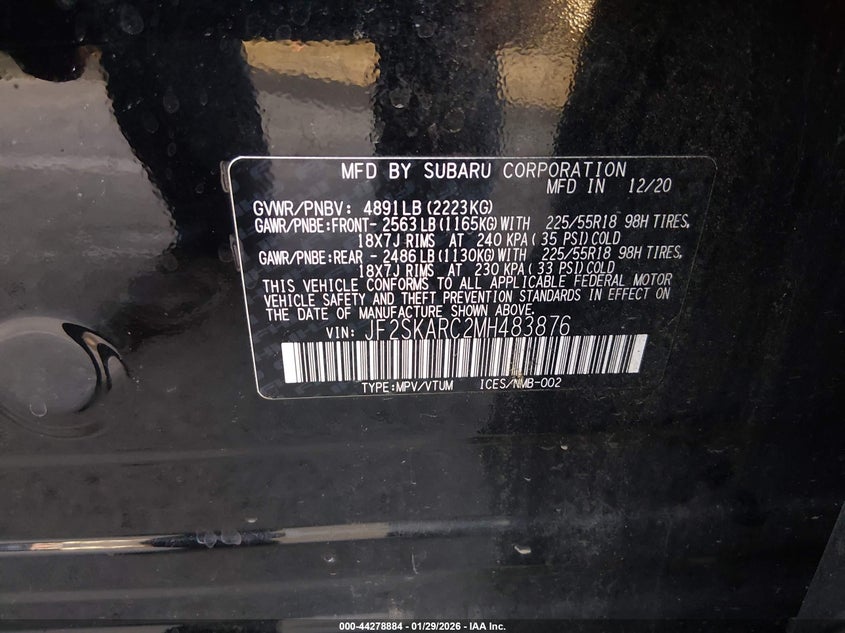 2021 Subaru Forester Sport VIN: JF2SKARC2MH483876 Lot: 44278884