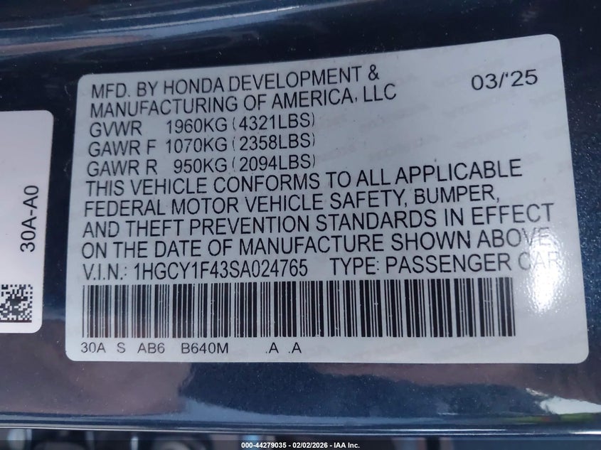 VIN 1HGCY1F43SA024765 2025 HONDA ACCORD SE
