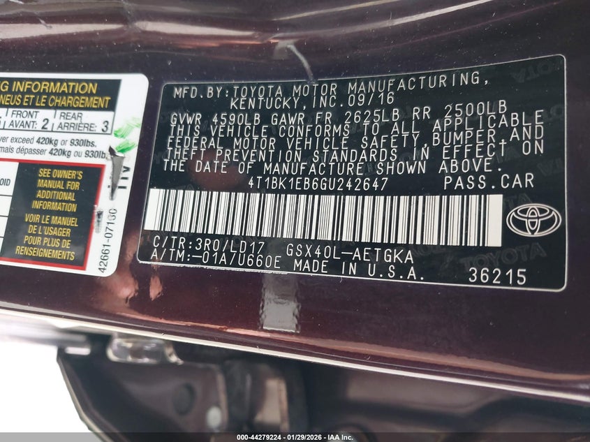 2016 Toyota Avalon Xle VIN: 4T1BK1EB6GU242647 Lot: 44279224