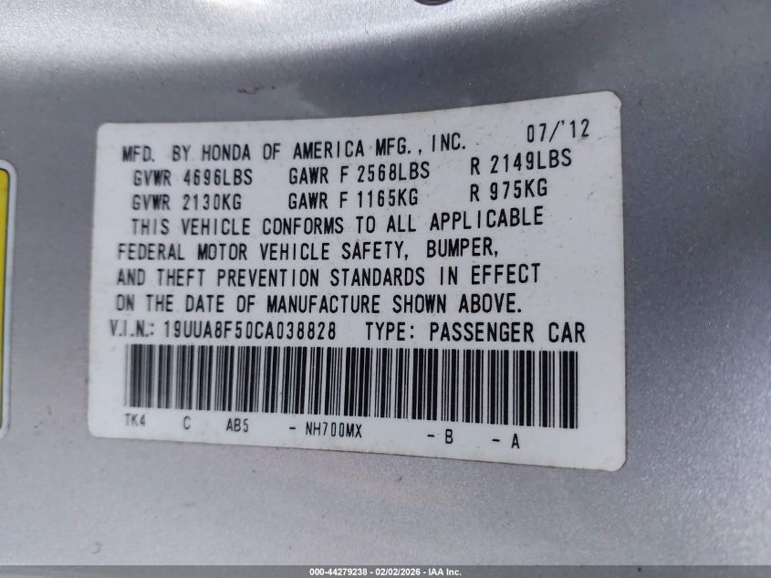 2012 Acura Tl 3.5 VIN: 19UUA8F50CA038828 Lot: 44279238