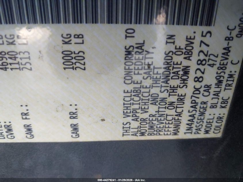 2013 Nissan Maxima 3.5 Sv VIN: 1N4AA5AP7DC828275 Lot: 44279241