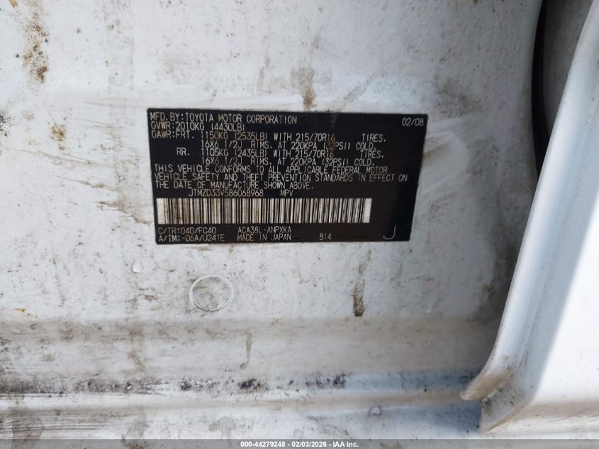 2008 Toyota Rav4 VIN: JTMZD33V586068968 Lot: 44279248